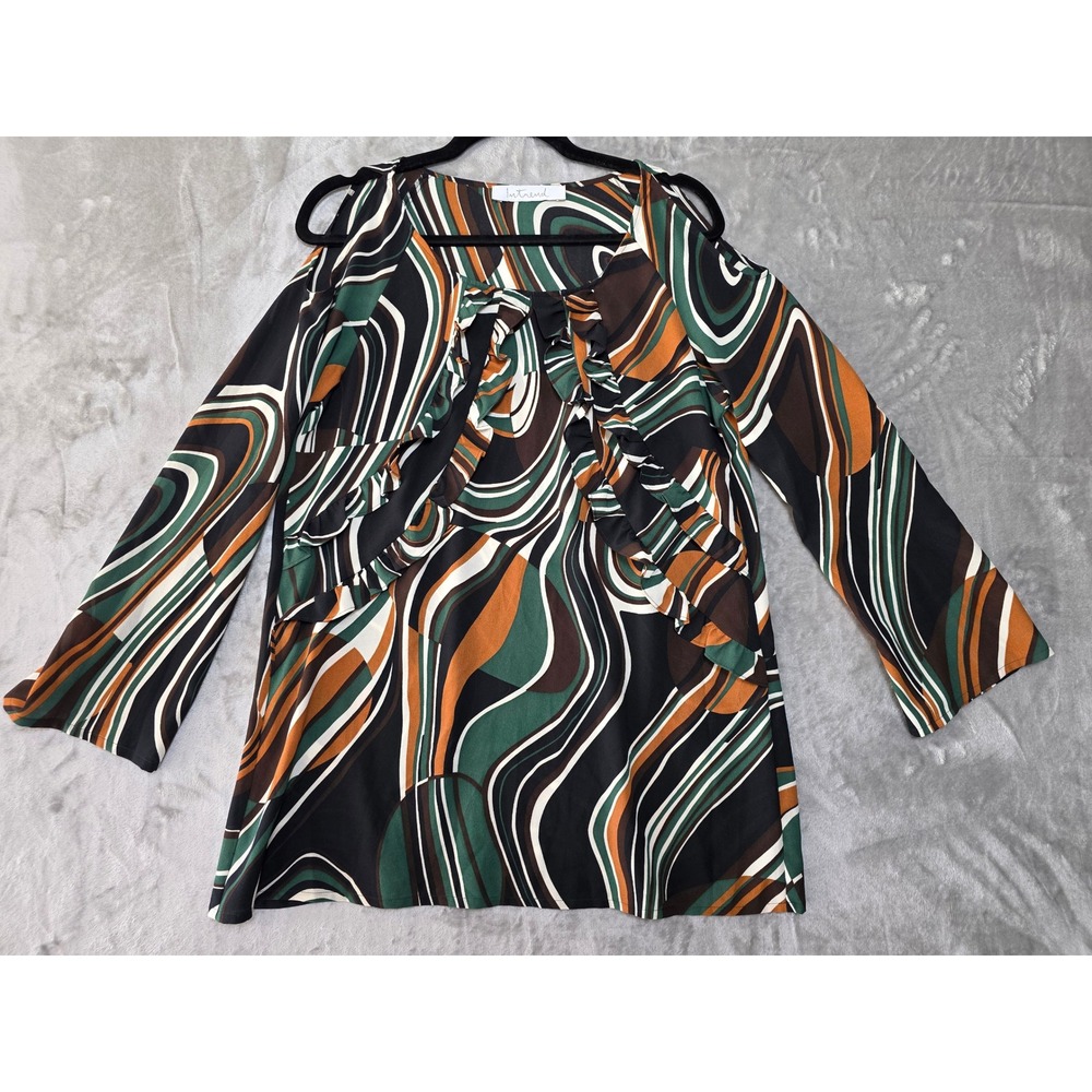 Intrend Womens Abstract Print Cold Shoulder Tunic Blouse L Green Brown RuffleTop